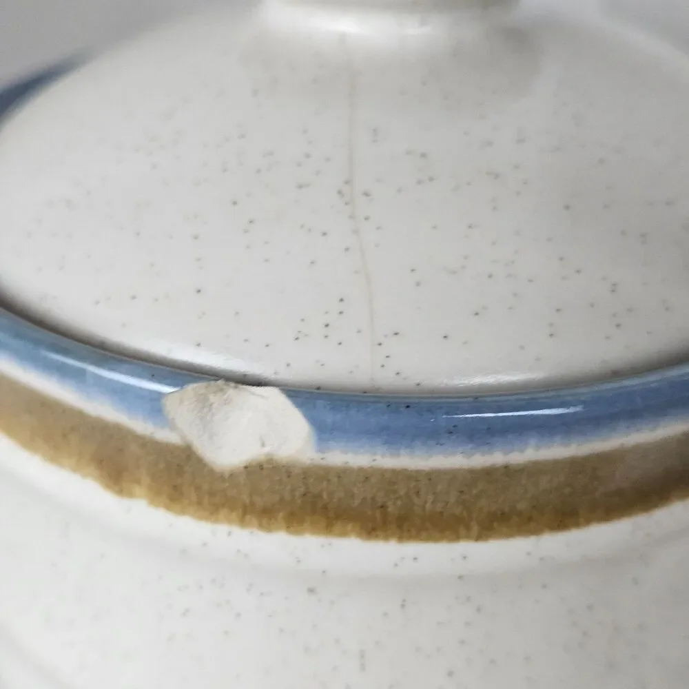Mikasa Blue Hill Craft Stone J5001 Creamer & Sugar Bowl W/Lid Blue Brown HasChip